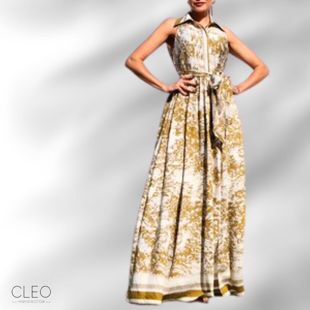 Vestido blanco hueso y mostaza