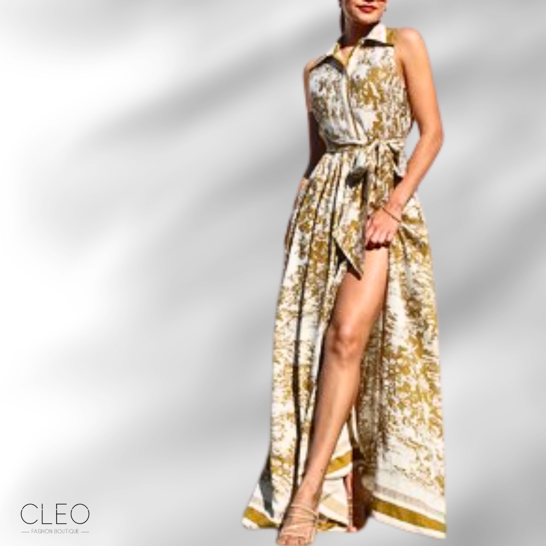 Vestido blanco hueso y mostaza