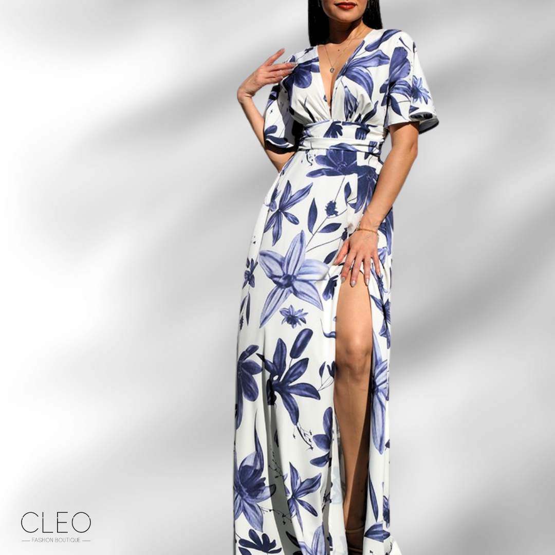 Vestido blanco y azul estampado