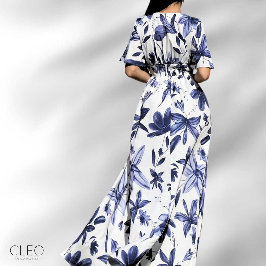 Vestido blanco y azul estampado